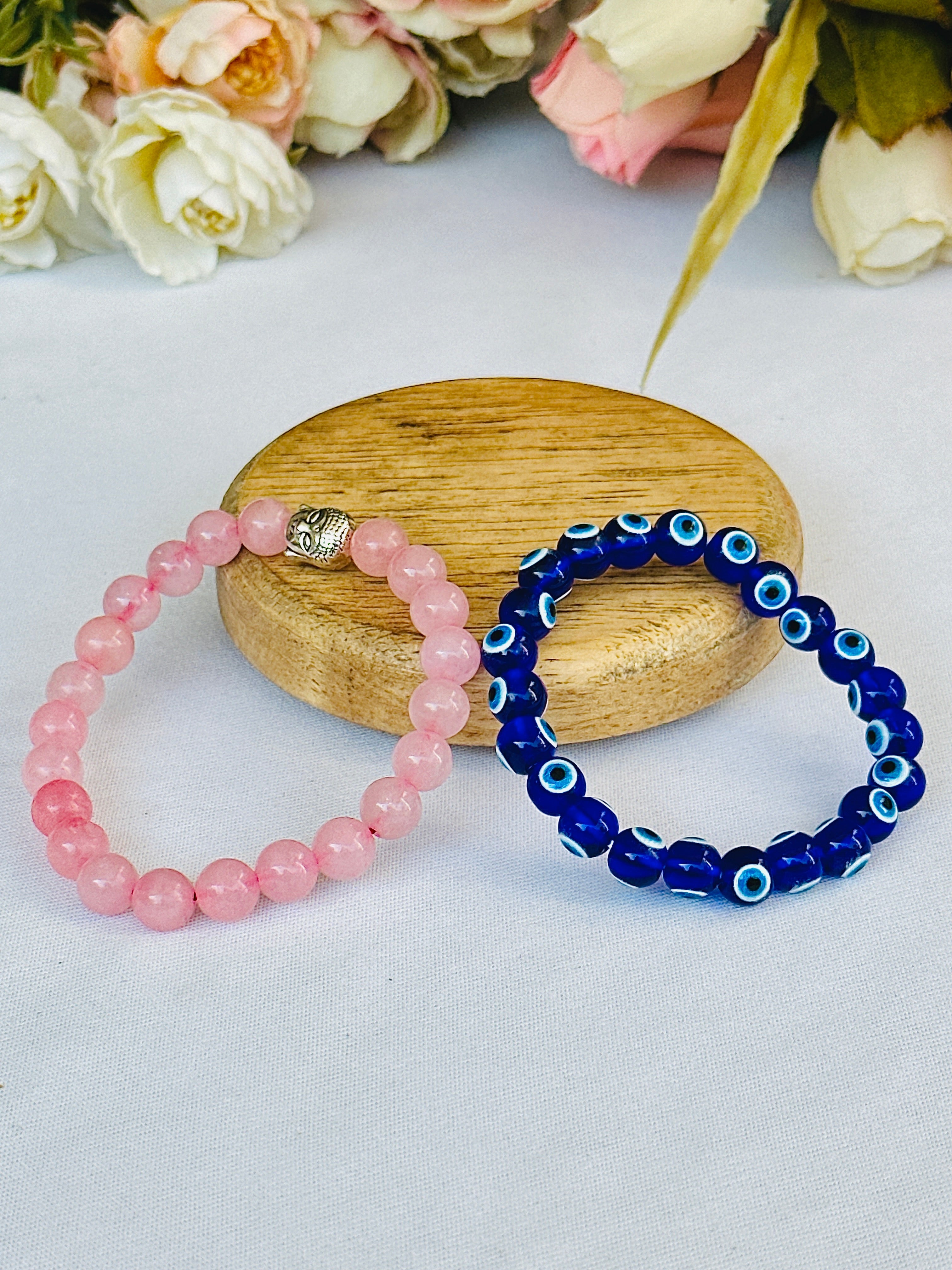 Protect your Relationship: Rose Quartz & Evil Eye Bracelet - Abhimantrit & Certified